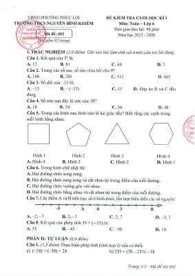 Đề học kỳ 1 Toán 6 năm 2025 - 2026 trường THCS Nguyễn Bỉnh Khiêm - Hà Nội