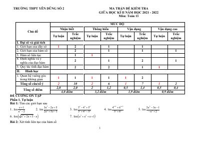 Đề cương ôn tập giữa kỳ 2 môn Toán lớp 11 Trường THPT Yên Dũng số 2 năm 2021-2022