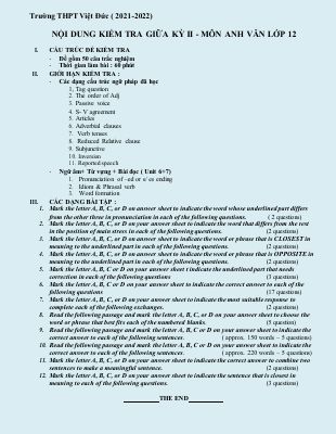 Đề cương ôn tập giữa học kỳ 2 môn Tiếng Anh lớp 12 Trường THPT Việt Đức năm 2021-2022