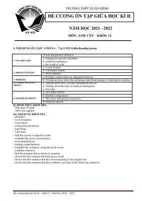 Đề cương ôn tập giữa kỳ 2 môn Anh lớp 12 Trường THPT Xuân Đỉnh năm 2021-2022