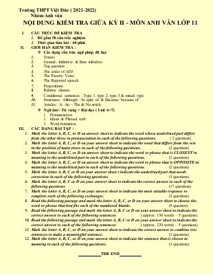 Đề cương ôn tập giữa học kỳ 2 môn Tiếng Anh lớp 11 Trường THPT Việt Đức năm 2021-2022