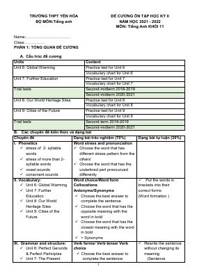 Đề cương ôn tập giữa kỳ 2 môn Anh lớp 11 Trường THPT Yên Hòa năm 2021-2022