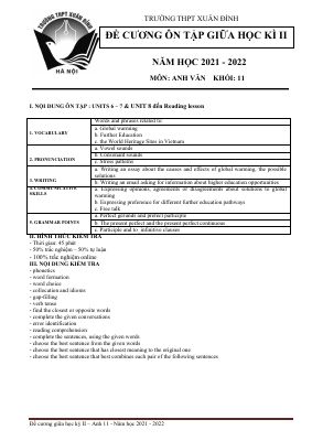 Đề cương ôn tập giữa kỳ 2 môn Anh lớp 11 Trường THPT Xuân Đỉnh năm 2021-2022