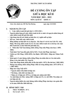 Đề cương ôn tập giữa kỳ 2 môn Lịch sử lớp 11 Trường THPT Xuân Đỉnh năm 2021-2022
