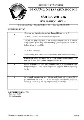 Đề cương ôn tập giữa học kì 1 môn Sinh học lớp 11 Trường THPT Xuân Đỉnh năm 2021 - 2022