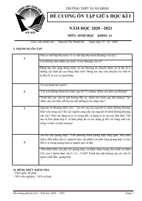 Đề cương ôn tập giữa học kì 1 môn Sinh lớp 11 năm 2020 - 2021 THPT Xuân Đỉnh