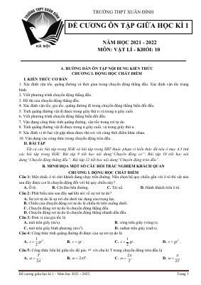 Đề cương ôn tập giữa học kì 1 môn Vật Lý lớp 10 Trường THPT Xuân Đỉnh năm 2021 - 2022