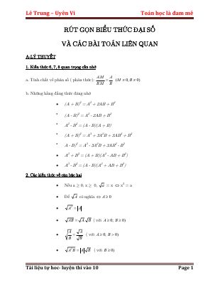 Rút gọn biểu thức đại số và các bài toán liên quan