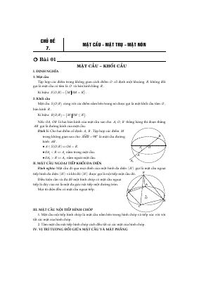 Câu hỏi trắc nghiệm mặt cầu, mặt trụ, mặt nón