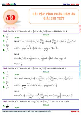 59 Câu trắc nghiệm Tích phân hàm ẩn Đại số lớp 12 có lời giải chi tiết