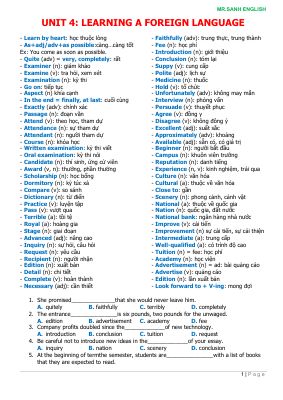 Từ vựng và bài tập unit 4 learning a foreign language môn tiếng anh lớp 9 của mr sanh english