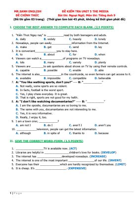 Đề kiểm tra unit 5 the media môn tiếng anh lớp 9 của mr sanh english