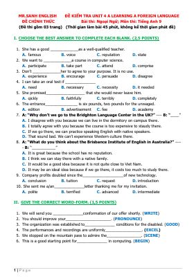 Đề kiểm tra unit 4 a learning a foreign language môn tiếng anh lớp 9 của mr sanh english