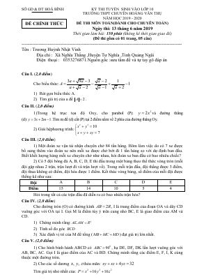 Đề thi tuyển sinh môn Toán lớp 9 năm 2019 - 2020 THPT chuyên Hoàng Văn Thụ có đáp án chi tiết