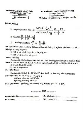 Đề khảo sát chọn học sinh giỏi môn Toán 7 năm 2018  2019 huyện Xuân Trường  Nam Định