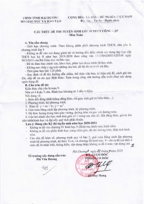 Cấu trúc đề thi tuyển sinh vào lớp 10 năm 2020 - 2021 tỉnh Hải Dương chi tiết