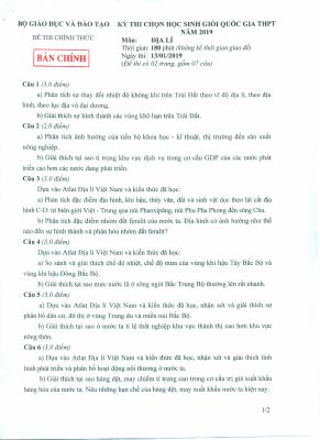 Đề thi học sinh giỏi quốc gia môn Địa năm 2019 chi tiết