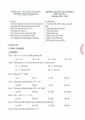 Hướng dẫn ôn tập học kỳ 1 môn Toán lớp 6 Trường THCS Thanh Am năm 2021 - 2022