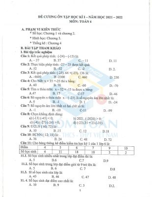 Đề cương ôn tập học kỳ 1 môn Toán lớp 6 Trường THCS Phú Diễn năm 2021 - 2022