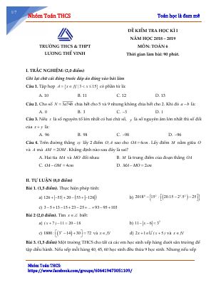 Đề thi học kì 1 môn Toán lớp 6 năm 2018 - 2019 THPT Lương Thế Vinh