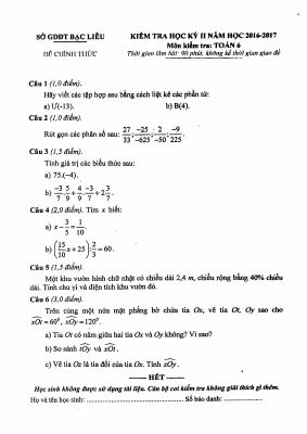 Đề thi học kì 2 Toán 6 năm 2016  2017 sở Bạc Liêu