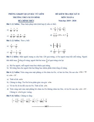 Đề thi học kì 2 Toán 6 năm 2019  2020 THCS Xuân Đỉnh  Hà Nội