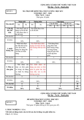 Đề thi học kì 1 môn Vật lý lớp 6 THCS Biên Giới kèm đáp án