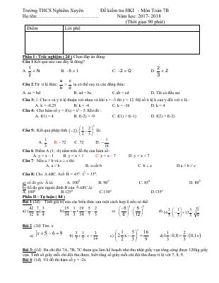 Đề thi học kì 1 môn Toán lớp 7 THCS Nghiêm Xuyên