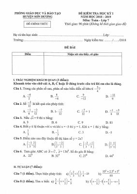 Đề thi học kì 1 Toán 7 năm học 2018  2019 phòng GDĐT Sơn Dương  Tuyên Quang