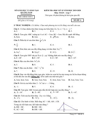Đề thi học kỳ 2 Toán 7 năm học 2019  2020 sở GDĐT Quảng Nam