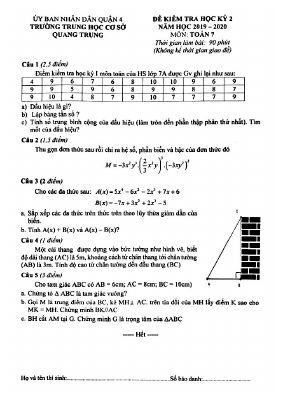 Đề thi học kì 2 Toán 7 năm 2019  2020 THCS Quang Trung  TP HCM