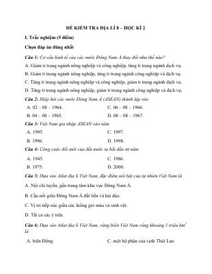 Đề thi thử học kì 2 môn Địa lý lớp 8 có hướng dẫn