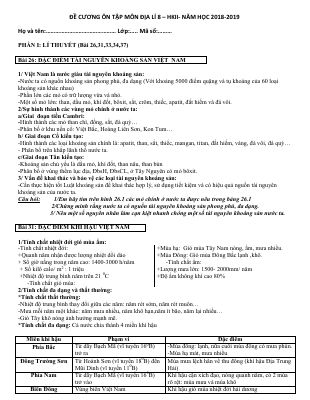 Đề cương ôn tập học kì 2 môn Địa lớp 8 năm 2018 - 2019