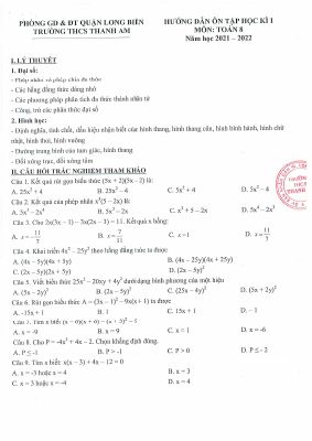 Hướng dẫn ôn tập học kỳ 1 môn Toán lớp 8 Trường THCS Thanh Am năm 2021 - 2022