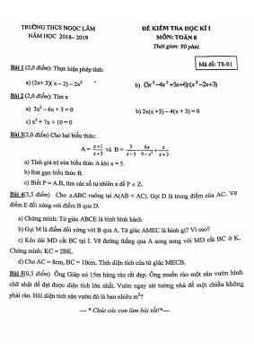 Đề thi học kì 1 môn Toán lớp 8 năm 2018 - 2019 THCS Ngọc Lâm