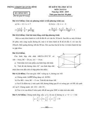 Đề thi học kỳ 2 Toán 8 năm 2018  2019 phòng GDĐT Ba Đình  Hà Nội