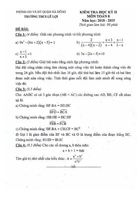 Đề kiểm tra học kỳ 2 Toán 8 năm 2018  2019 trường THCS Lê Lợi  Hà Nội
