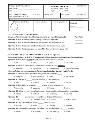 Đề thi học kì 2 môn Anh lớp 8 có lời giải hay