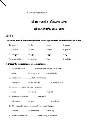 50 Đề thi thử học kì 2 môn Anh lớp 8 năm 2019 - 2020 chọn lọc