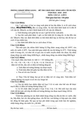 Đề thi học sinh giỏi môn Vật lý lớp 9 cấp huyện có đáp án - Đề 1