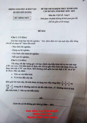 Đề thi thí nghiệm thực hành giỏi cấp huyện môn vật lý lớp 9 năm 2018 - 2019 phòng GDĐT huyện sơn dương