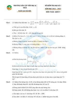 Đề kiểm tra học kỳ 1 môn Toán lớp 9 Trường THCS Ngôi Sao Hà Nội năm 2021 - 2022