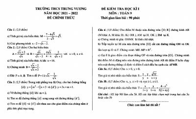 Đề thi học kỳ 1 môn Toán lớp 9 Trường THCS Trưng Vương năm 2021 - 2022