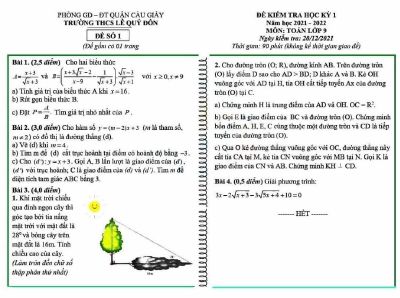 Đề thi học kỳ 1 môn Toán lớp 9 Trường THCS Lê Quý Đôn năm 2021 - 2022