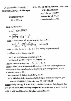 Đề thi học kì 1 môn Toán lớp 9 năm 2018 - 2019 quận 7 chọn lọc