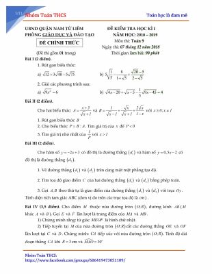 Đề thi học kì 1 môn Toán lớp 9 năm 2018 - 2019 huyện Nam Từ Liêm