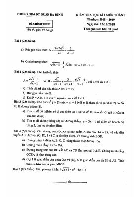 Đề kiểm tra học kỳ I Toán 9 năm học 2018  2019 phòng GDĐT Ba Đình  Hà Nội