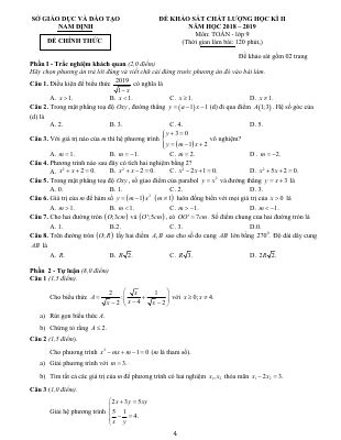 Đề thi học kỳ 2 Toán 9 năm học 2018  2019 sở GDĐT Nam Định