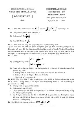 Đề thi học kỳ 2 Toán 9 năm 2018  2019 phòng GDĐT Thanh Xuân  Hà Nội
