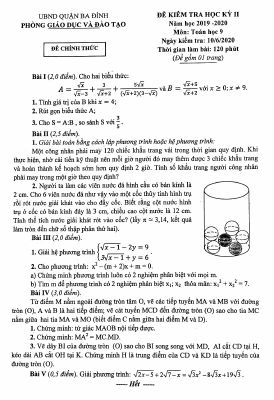 Đề thi học kỳ 2 Toán 9 năm học 2019  2020 phòng GDĐT Ba Đình  Hà Nội